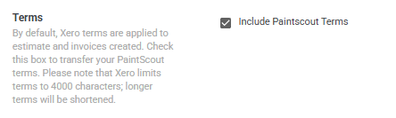 Screenshot showing the terms transfer checkbox to send PaintScout terms to Xero