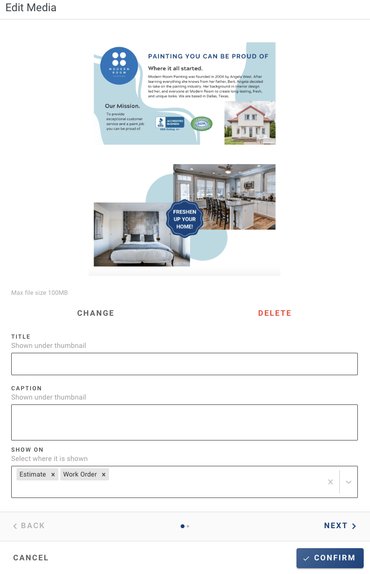 Screenshot showing media settings for title, caption, and visibility on an uploaded image