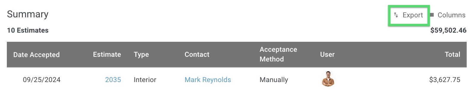 Screenshot showing the Export button in the Accepted Estimates Report summary header for downloading a CSV file