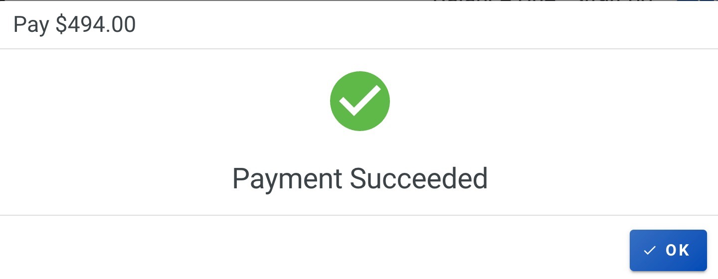 Screenshot showing the successful payment confirmation window