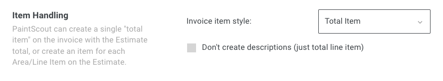 Screenshot showing the item handling options to display a single total or individual Area/Line Items in QuickBooks