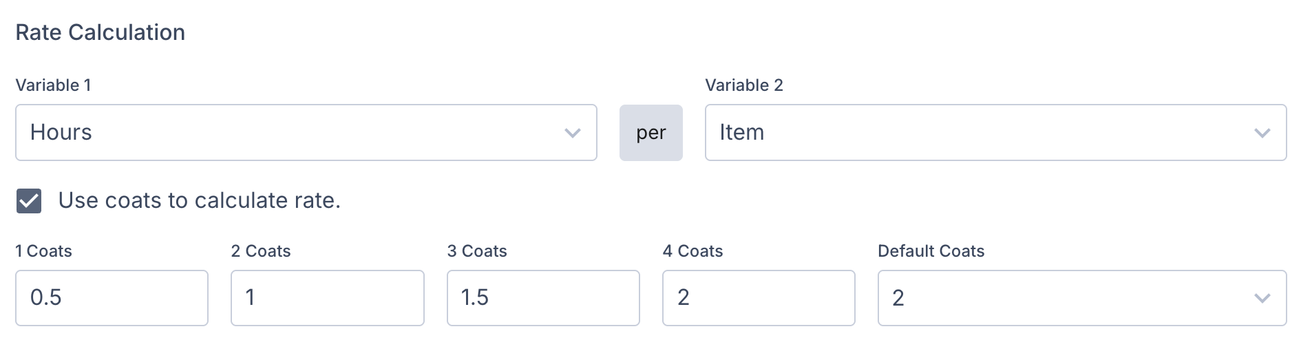 Screenshot showing coat rate examples with different rates for 1-coat, 2-coat, 3-coat, and 4-coat configurations
