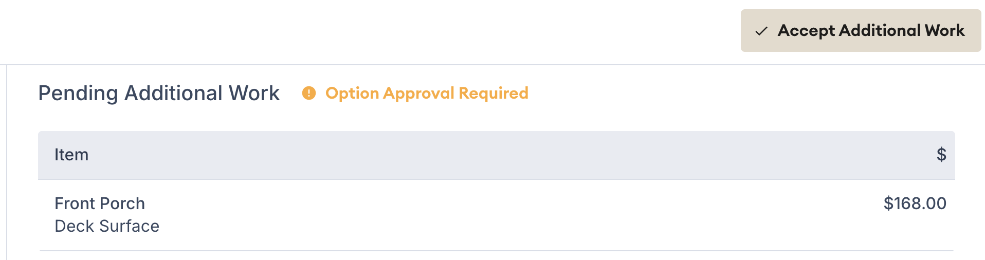 Screenshot showing the Accept Additional Work button on the customer-facing invoice