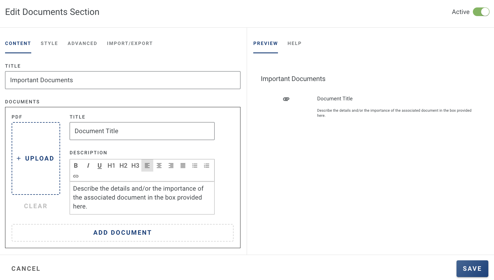 Screenshot showing document upload fields and preview settings in a presentation