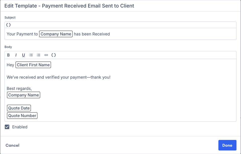Screenshot showing the Payment Received email template editor with the Enabled checkbox