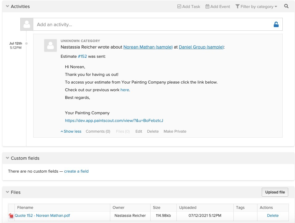 Screenshot showing the estimate PDF and activity log attached to a contact in Pipeline CRM