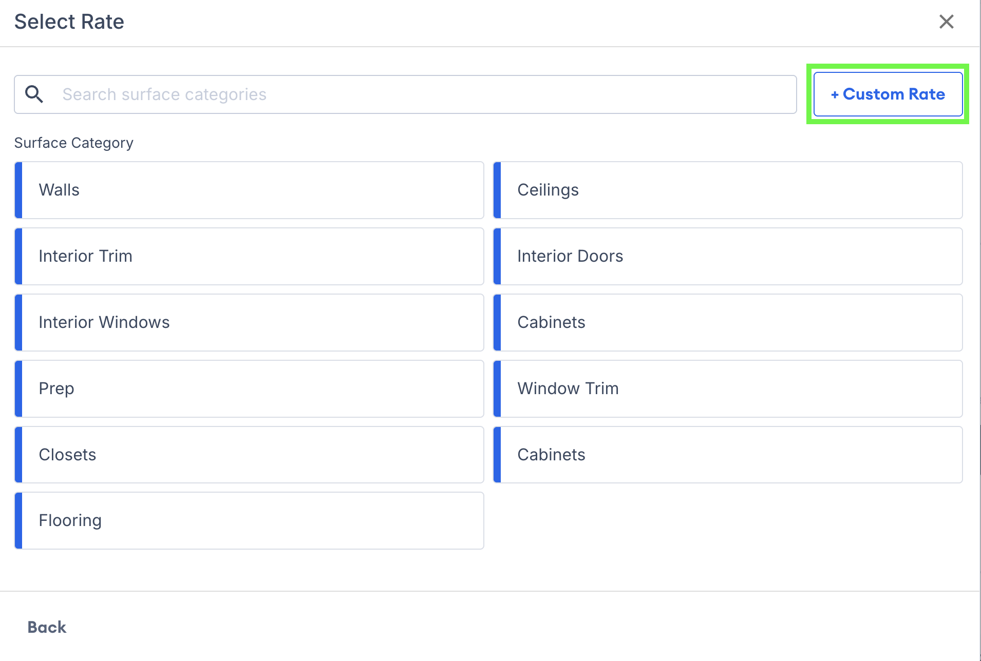 Screenshot showing the Create Custom Rate option in the surface selection menu