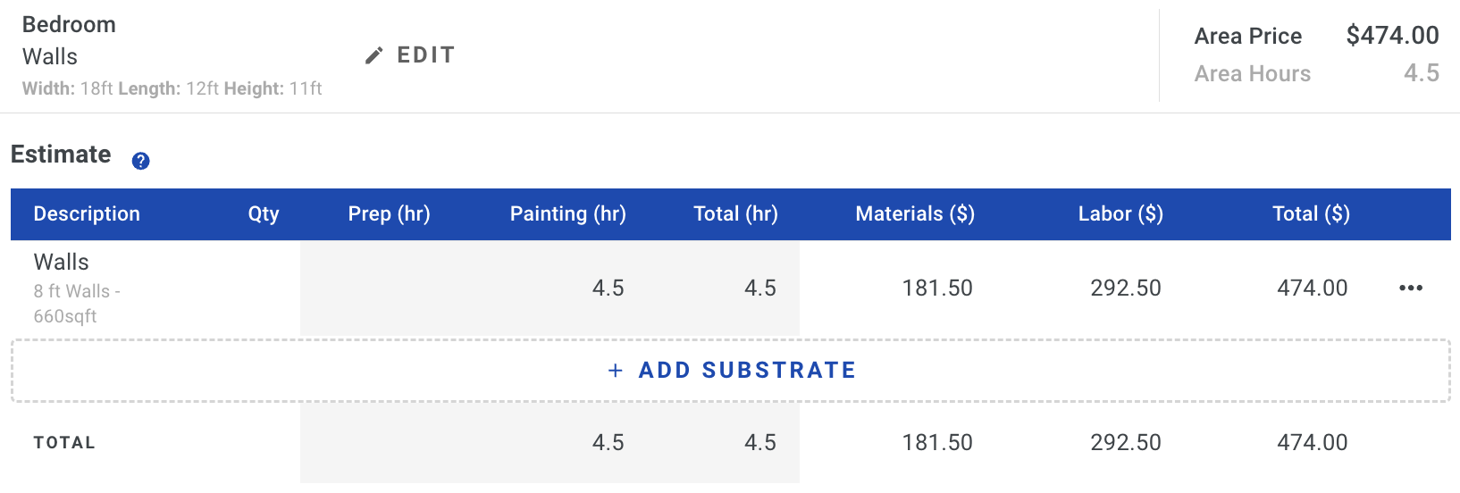 Screenshot showing an estimate with automatically calculated labor and material columns after adding a surface