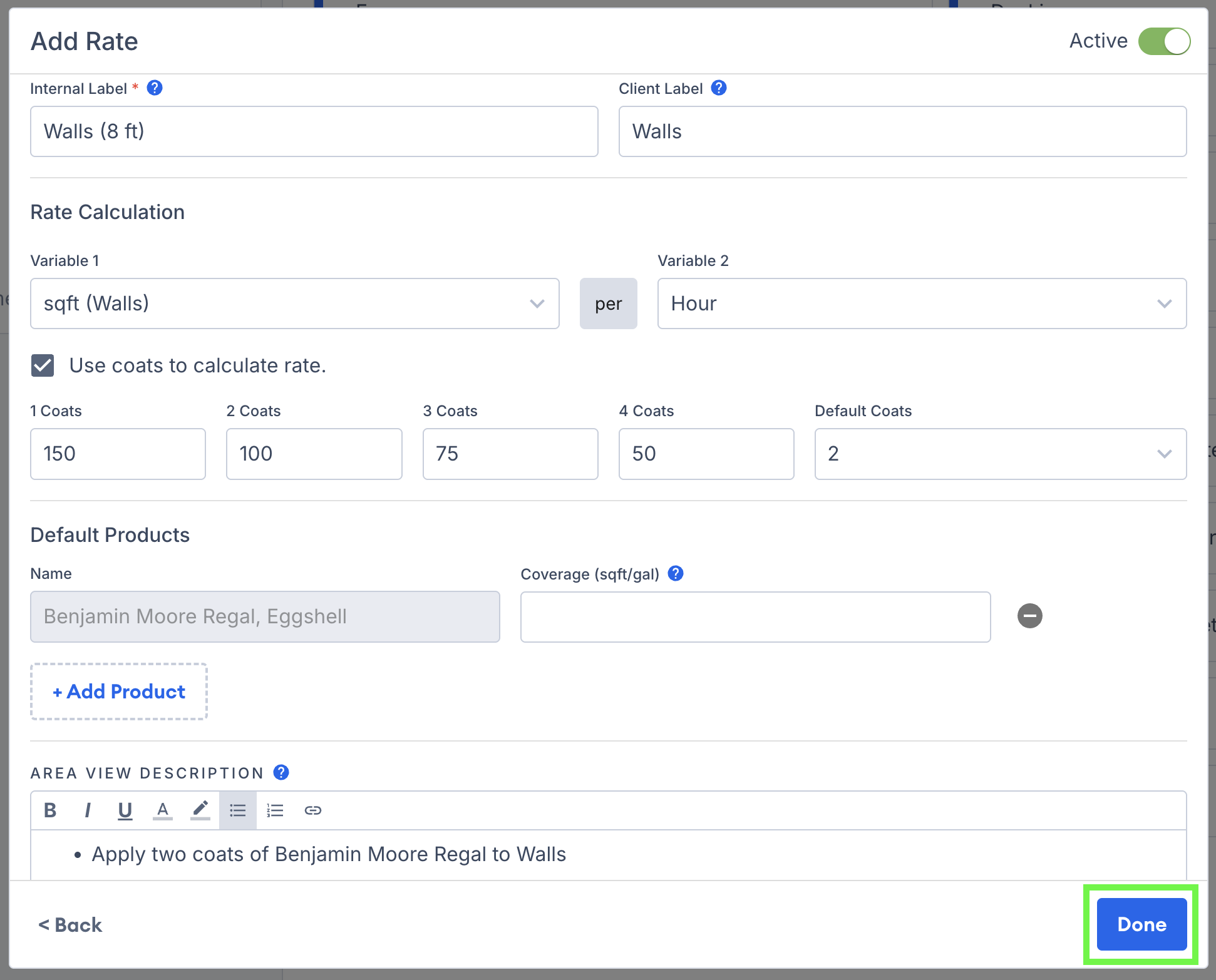 Screenshot showing a saved production rate listed within its rate category
