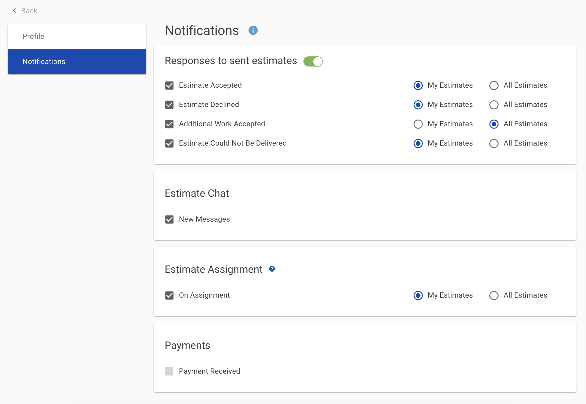 Screenshot showing the Notifications section under Your Profile settings