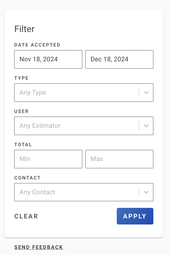 Screenshot showing the Filters section for the Options Accepted report with parameter options
