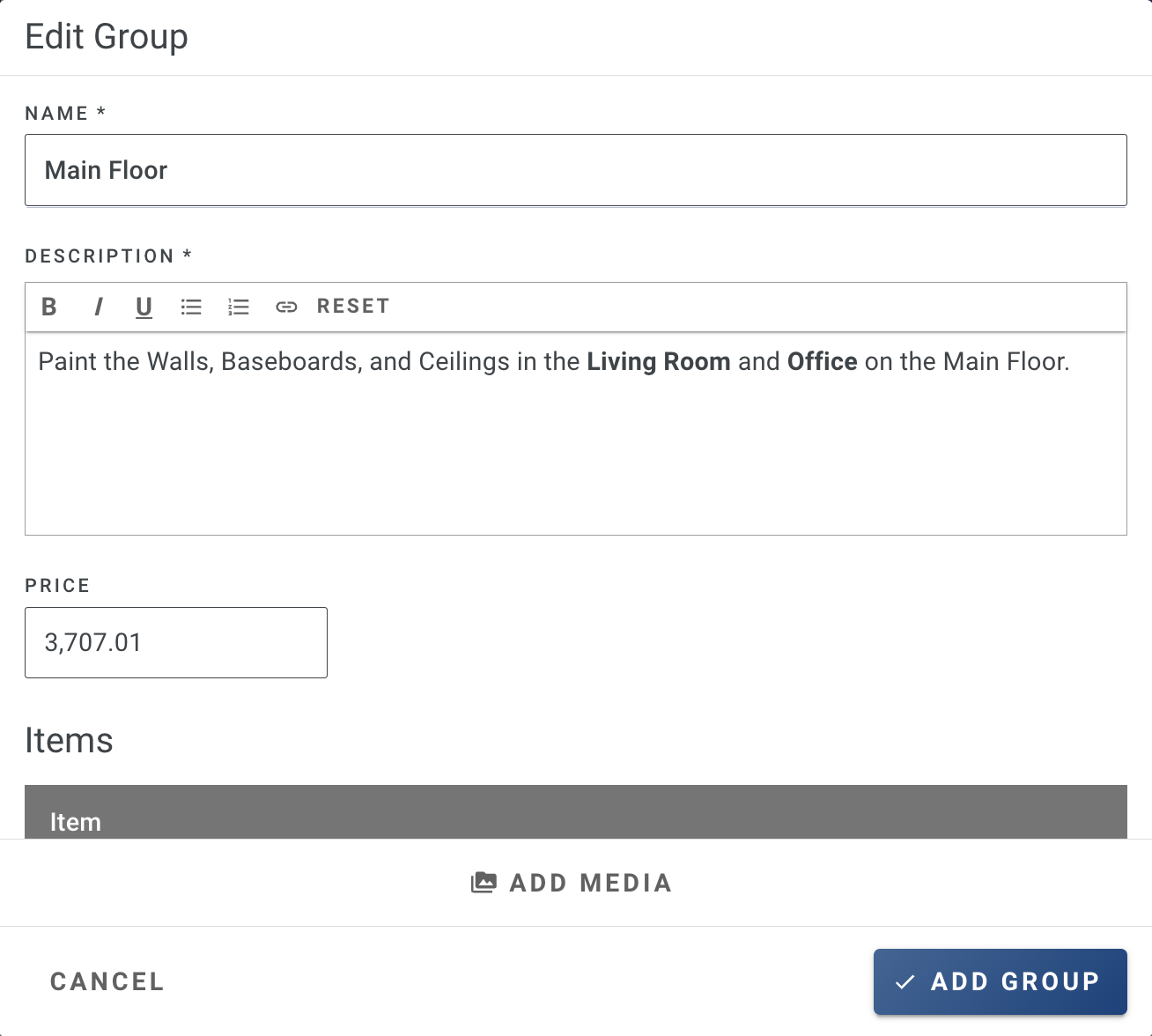 Screenshot showing the group editing popup with name, price, and description fields