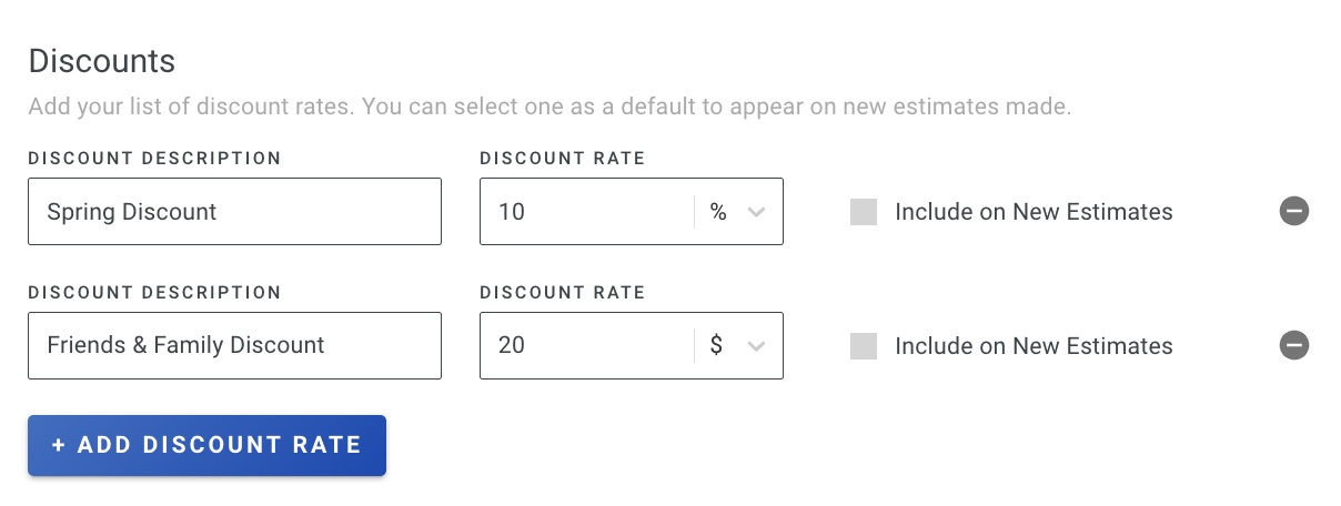 Screenshot showing the Discounts section with percentage and dollar amount options and Include on New Estimates checkbox