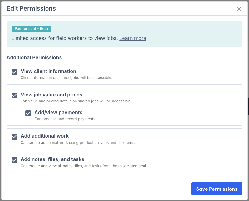 Screenshot showing custom permission toggles for a Painter user