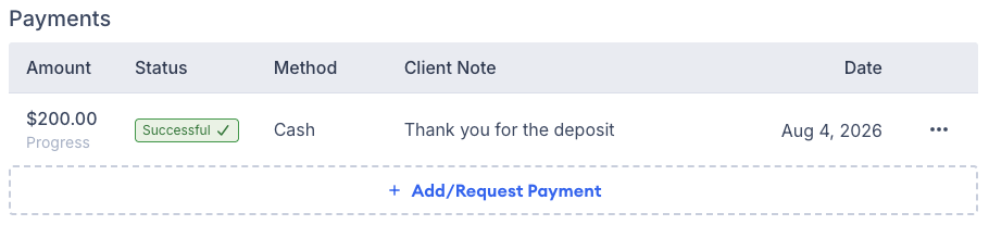 Screenshot showing the payment request updated to Paid status in the Payments section
