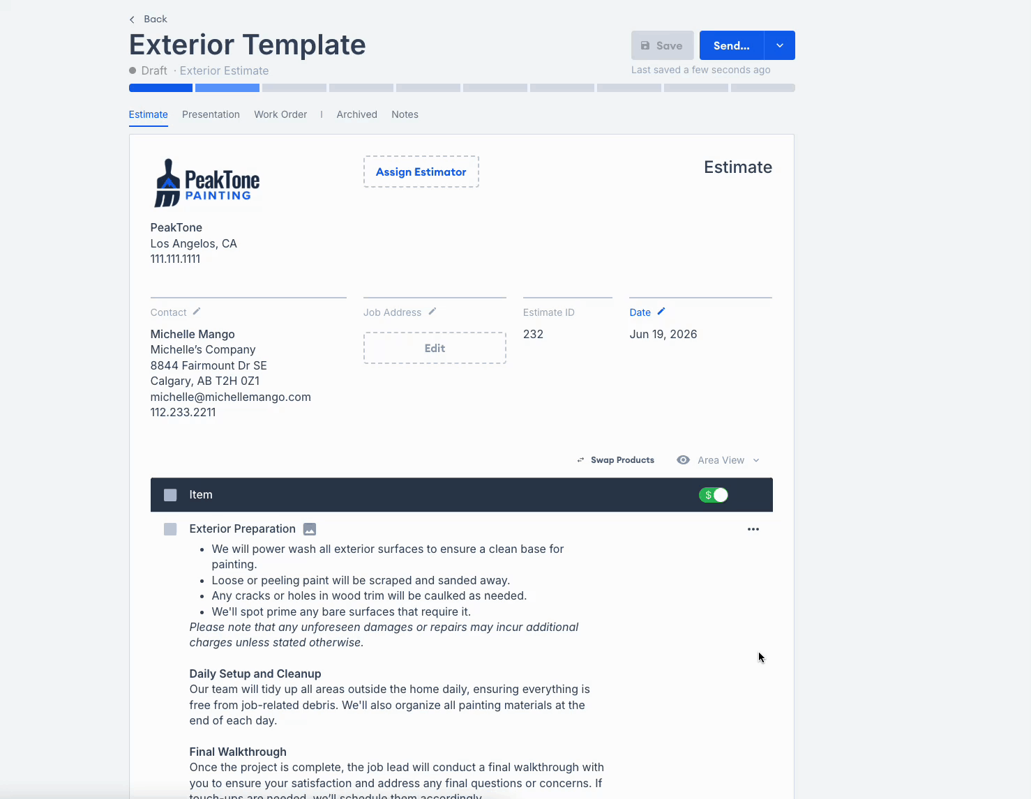 Animation showing the process of archiving an estimate from the dropdown menu