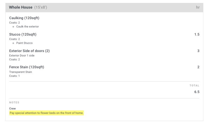 Screenshot showing a highlighted area crew note displayed on the work order