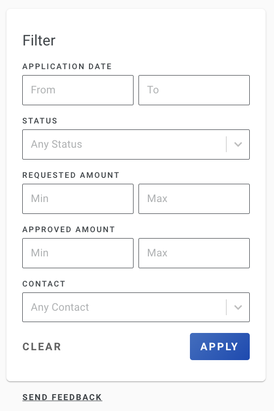 Screenshot showing the Filters section for the Financing Reports with options to set reporting parameters