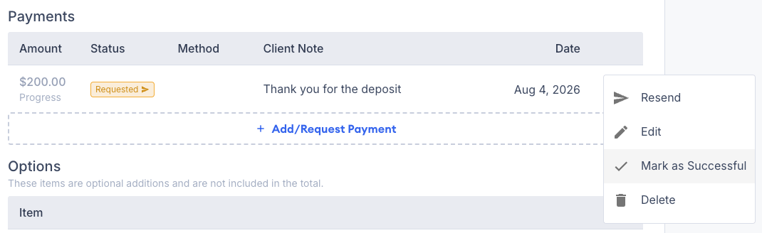 Screenshot showing the Mark as Paid option in the payment request context menu