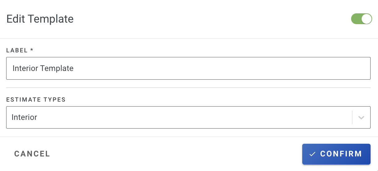 Screenshot showing the Save as Template dialog with template name and estimate type fields and Confirm button