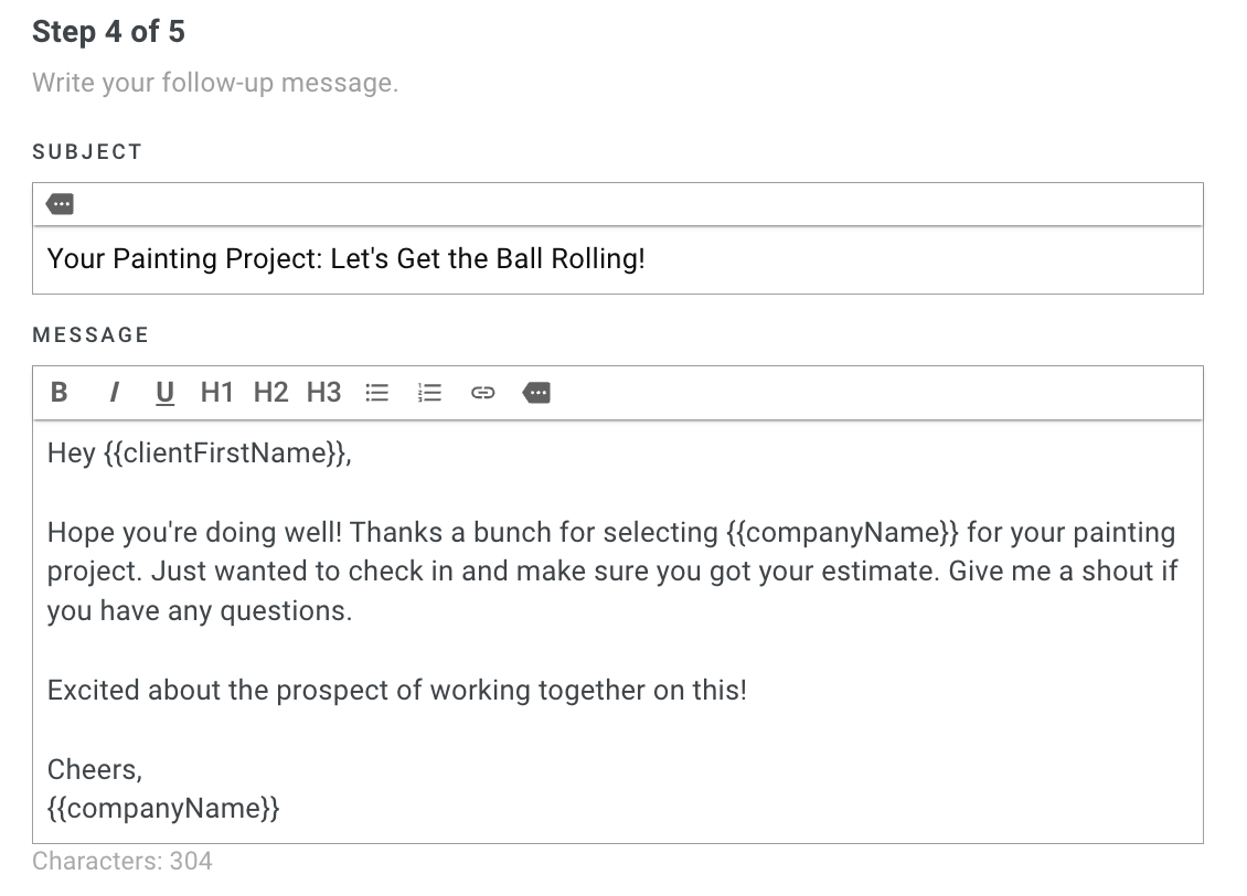 Screenshot showing the Message configuration with subject line and body fields for the follow-up