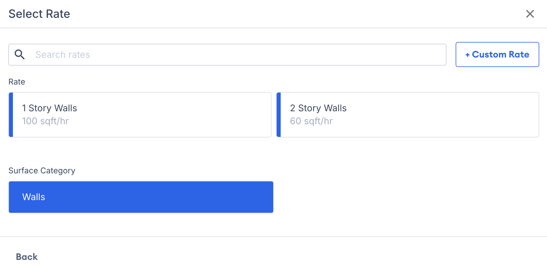 Screenshot showing the individual surface and rate selection options