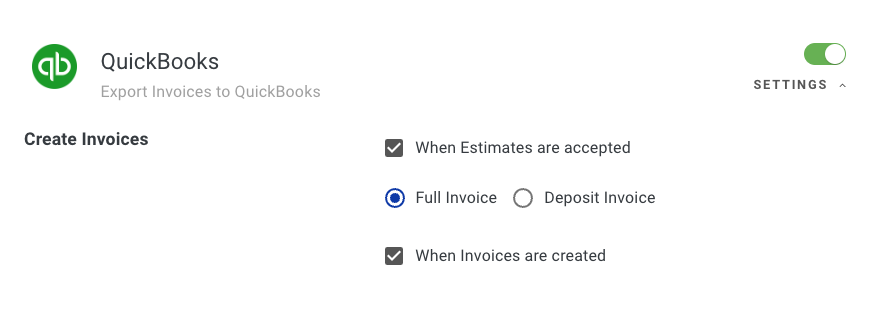 Screenshot showing the options for when to automatically create invoices in QuickBooks