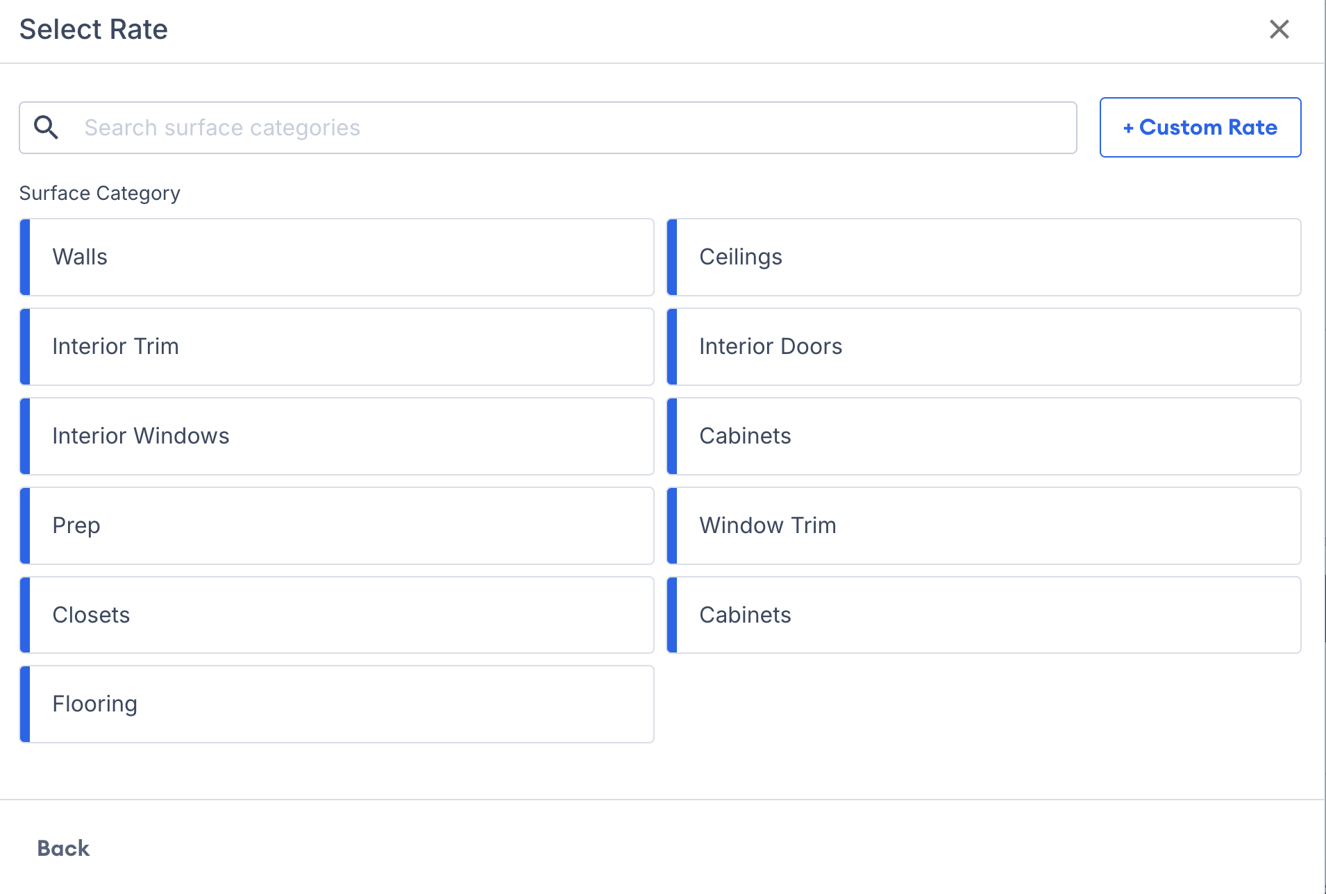 Screenshot showing the surface categories list for selecting a rate