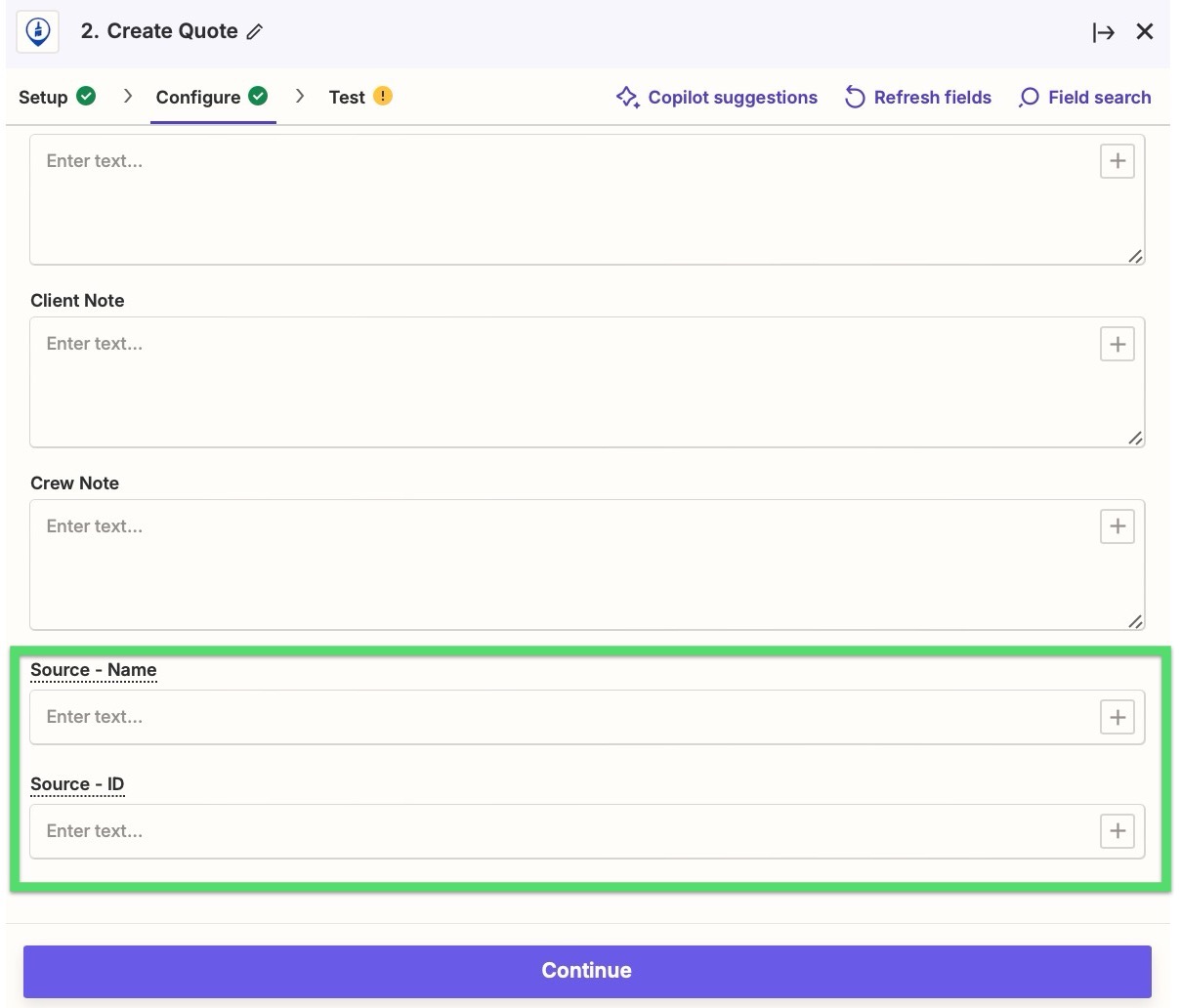Screenshot showing Zapier action step configuration with source name and ID fields for integration tracking