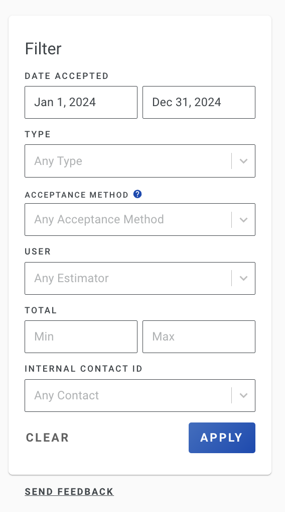 Screenshot showing the Filters section for the Accepted Estimates Report with options to set reporting parameters