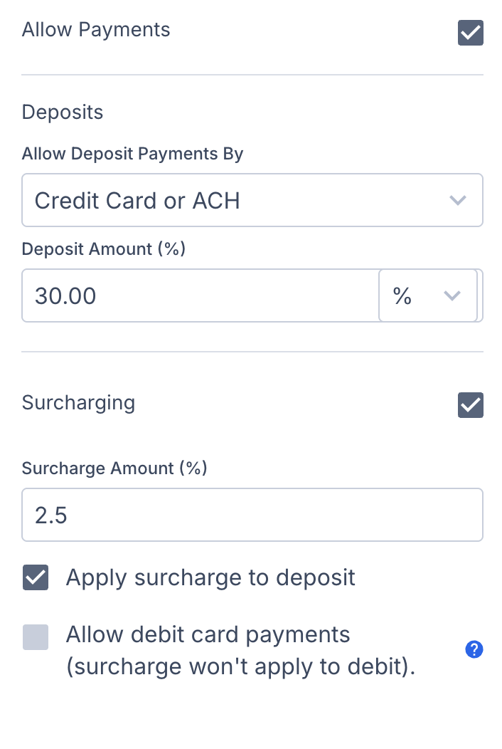 Screenshot showing the Payments and Lending section in the estimate sidebar with options to toggle payments, adjust deposits, and change surcharge