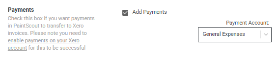 Screenshot showing the payment sync checkbox and payment account selection for Xero invoices