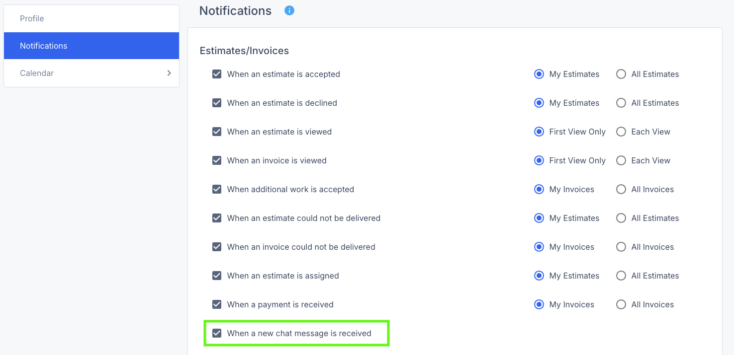 Screenshot showing the Notifications settings with the chat message notification checkbox