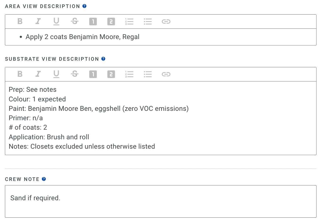 Screenshot showing the Area View, Substrate View, and Crew Note description fields for a production rate