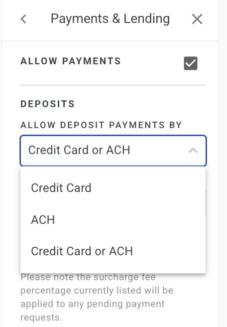 Screenshot showing the Payments and Lending sidebar with ACH payment option enabled on an estimate