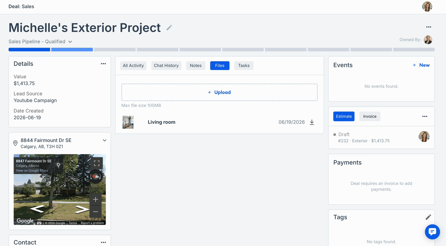 Screenshot showing Deal Files selected from an estimate to add images from a linked deal