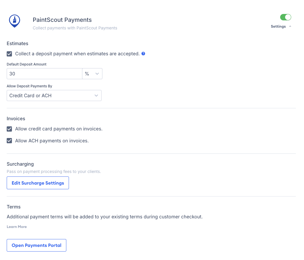 Screenshot showing the Stripe surcharging configuration in Account Settings Integrations