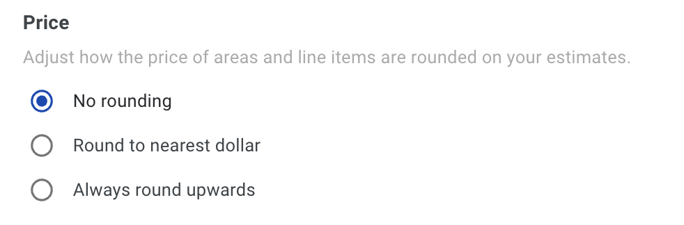 Screenshot showing the Price rounding preferences for surfaces, line items, and overall total