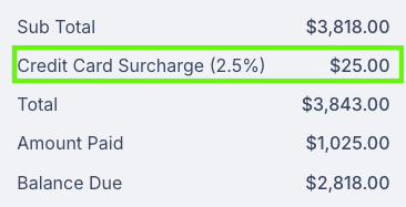 Screenshot showing the surcharge amount included in the invoice subtotal after payment