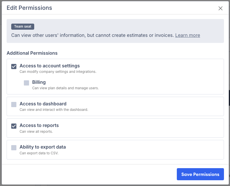 Screenshot showing custom permission toggles for a Team user