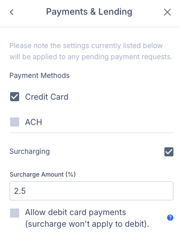 Screenshot showing the Payments and Lending section for adjusting or removing a surcharge on an estimate