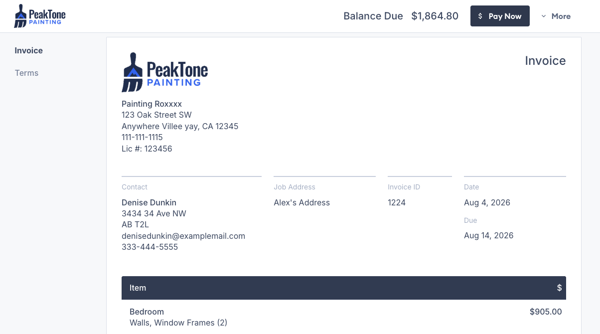 Screenshot showing the Pay Now button on a customer-facing estimate or invoice