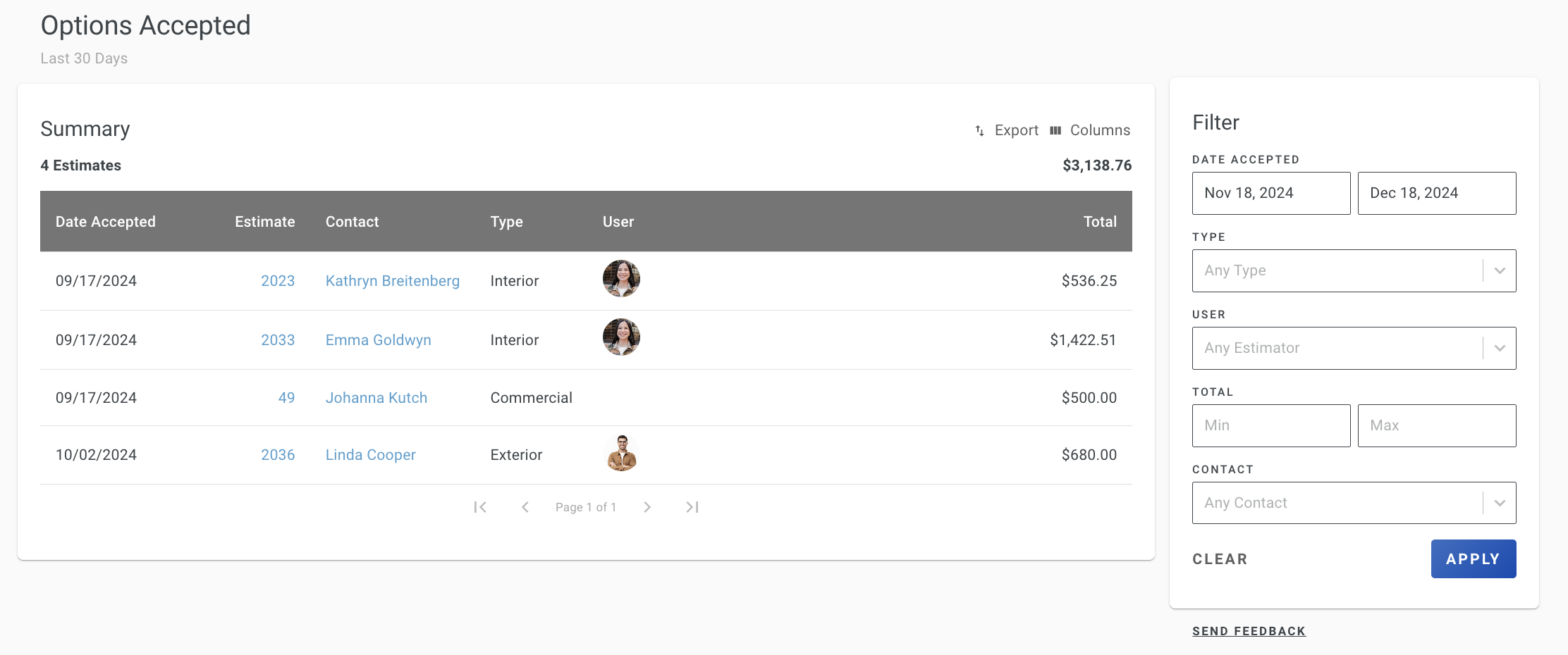 Screenshot showing the Options Accepted report table with acceptance date, estimate number, contact, estimate type, user, and total columns