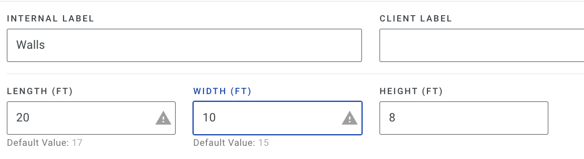 Screenshot showing a surface with length, width, and height dimension fields in the estimate area