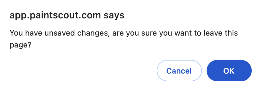 Screenshot showing the unsaved changes warning dialog when leaving an estimate without saving