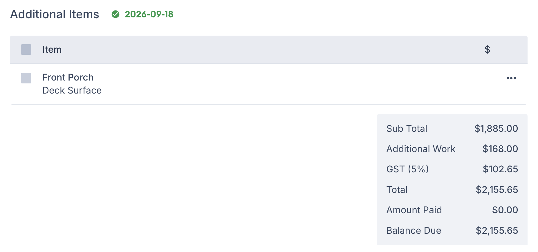 Screenshot showing accepted additional work with acceptance date and updated total