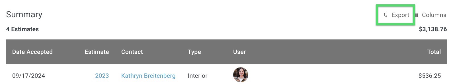 Screenshot showing the Export button in the Options Accepted report header for downloading a CSV file