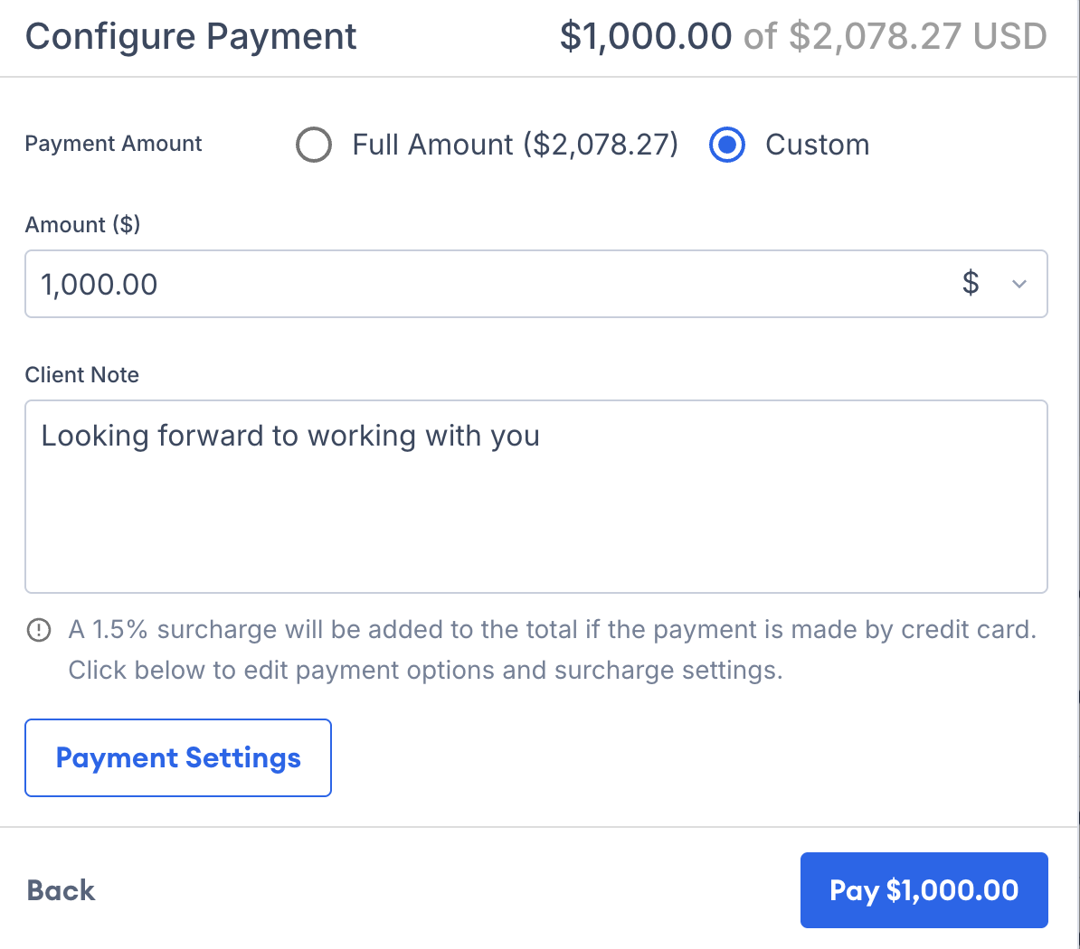 Screenshot showing the payment amount entry dialog with amount field and optional note