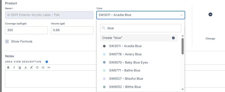 Screenshot showing the Sherwin-Williams Color Catalogue dropdown appearing when adding a color to a product