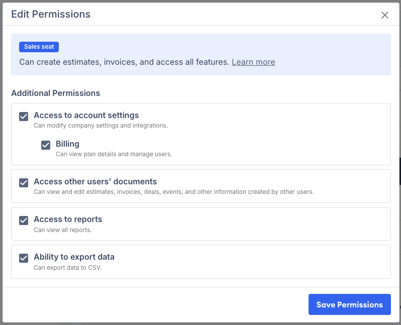 Screenshot showing custom permission toggles for a Sales user